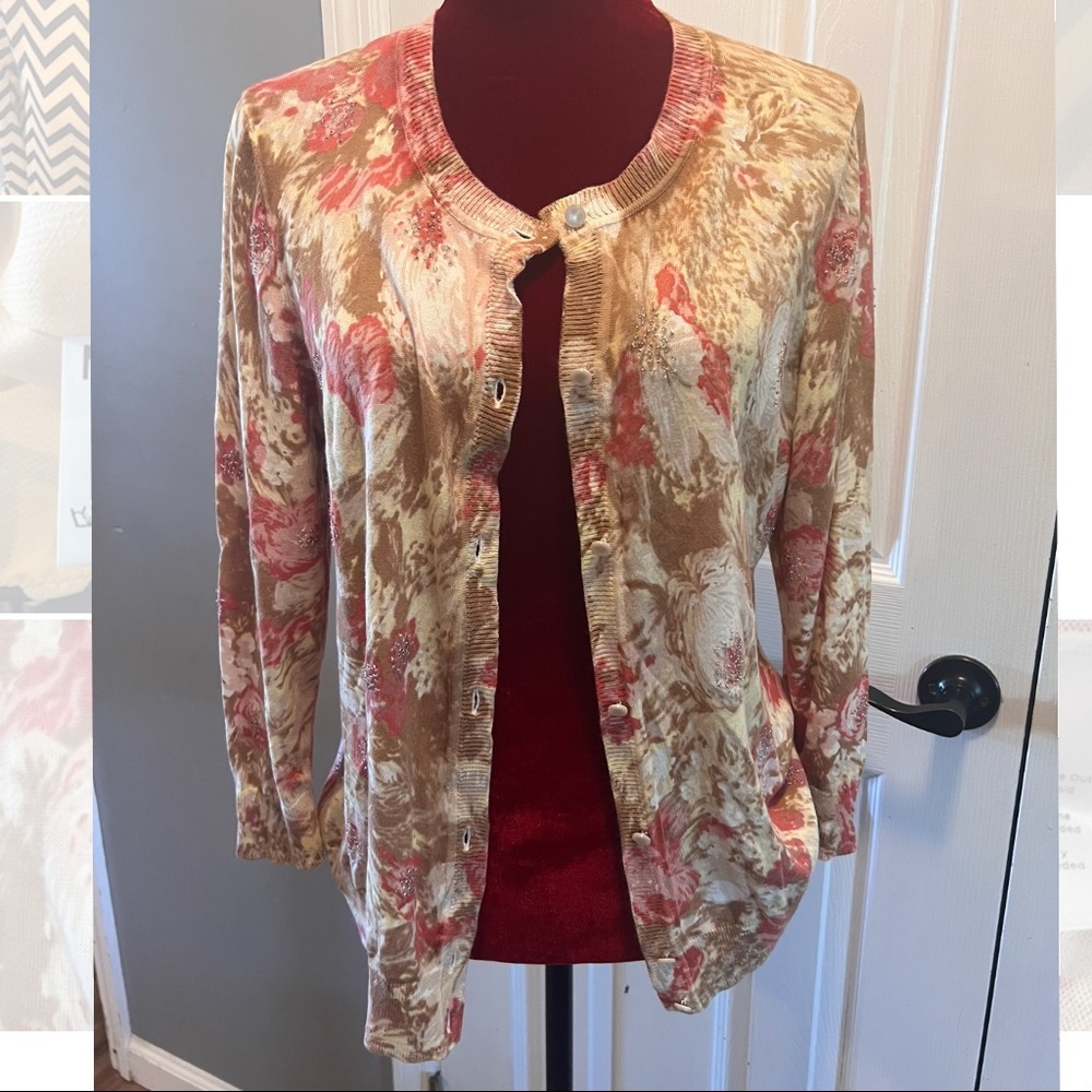 Talbots Large Cream Floral 3/4 SleeveCardigan